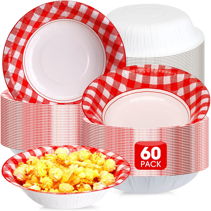 Nuogo Red Disposable Bowls Red Gingham Checkered Picnic Paper Bowls Party Bowls 16oz Ice Cream Salad Cups for Strawberry Birthday Party Supplies(60 Pcs)