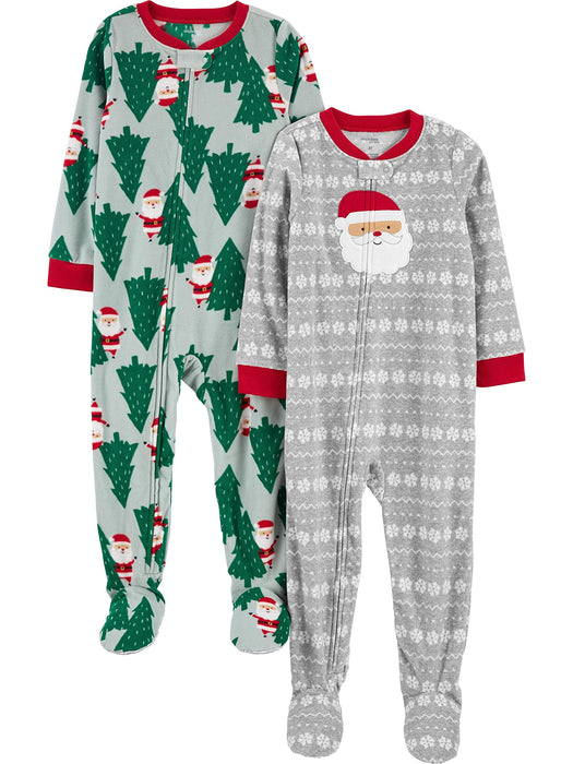 Simple Joys by Carter's Kids' Holiday Loose-fit Flame Resistant Fleece Footed Pajamas, Light Grey Santa/Mint Green Christmas Print, 2T