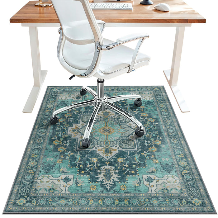 48"x60" Office Chair Mat for Hardwood Tile Floor, Under Desk Carpet Protector for Rolling Computer Chair Mat, Machine Washable Area Rug, Anti-Slip 1/5" Thick Low Pile Thin Vinyl Floor Mat, Turquoise