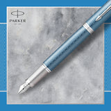 PARKER IM Fountain Pen | Premium Blue Grey with Chrome Trim | Medium Point with Blue Ink Cartridge | Gift Box