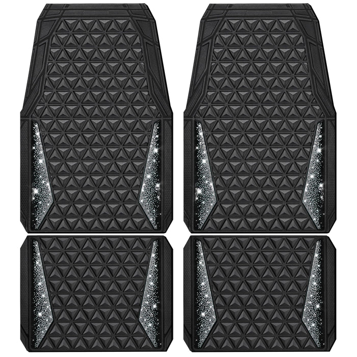 CAR PASS Bling Diamond Car Mats Rubber Floor Mats Full Set Anti-Slip 3D Rhombus Waterproof Trim to Fit Liner Universal Glitter Crystal Sparkly Shining Rhinestone Girl Women SUV Sedan Van, Black Silver