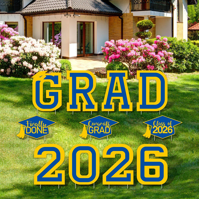 Tatuo 11 Pcs Graduation Yard Sign Decorations Class of 2026 Congrats Graduation Lawn Signs Grad Yard with 23 Stakes for High School College Outdoor Party Supplies(Yellow Blue,Simple Style)
