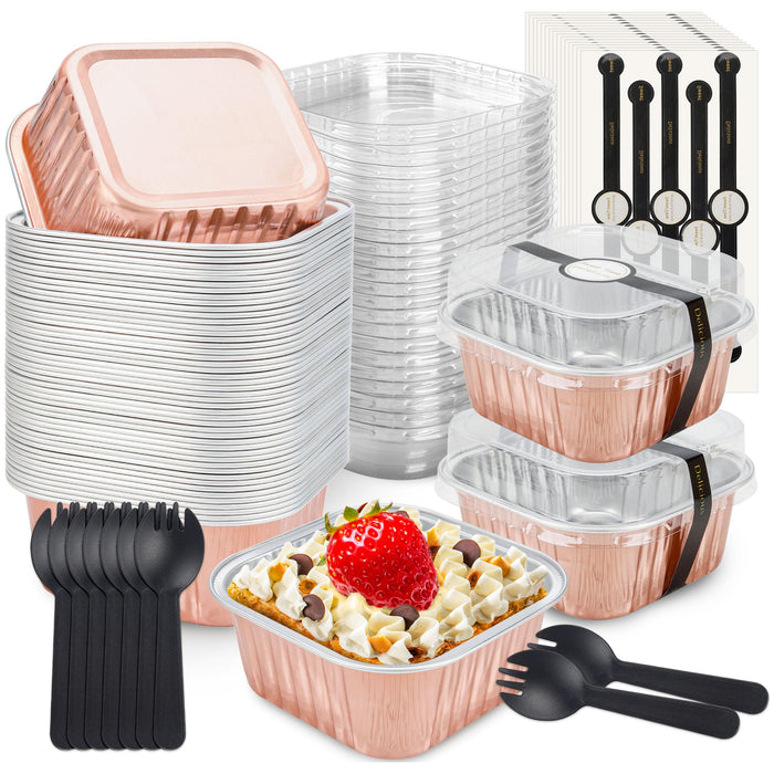 NPLUX 50 Pack Mini Cake Pans with Lids and Spoons Aluminum Foil Pans Square Cake Tins for Bakery Party Wedding (Champagne Color,5 oz)