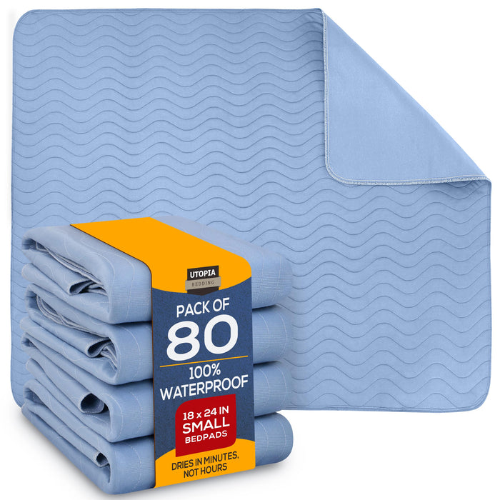 Utopia Bedding Waterproof Incontinence Bed Pads 18 x 24 Inches (Pack of 80, Blue), Washable and Reusable Underpads for Adults, Elderly and Pets, Absorbent Protective Pads