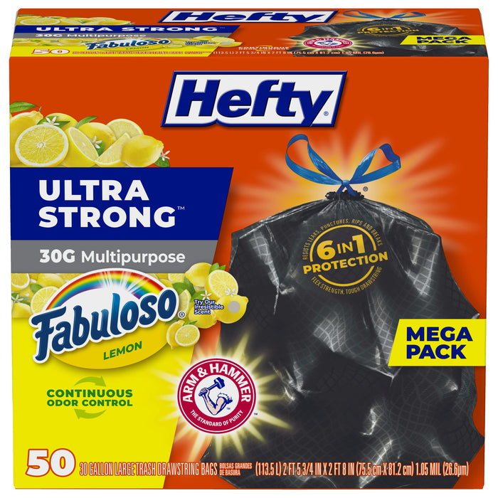 Hefty Ultra Strong 30 Gallon Trash Bags, Black Large Trash Bags 30 Gallon Size, Multipurpose, Break Resistant Drawstring Closure, Resists Leaks, Punctures, and Tears, Fabuloso Lemon Scent, 50 Bags