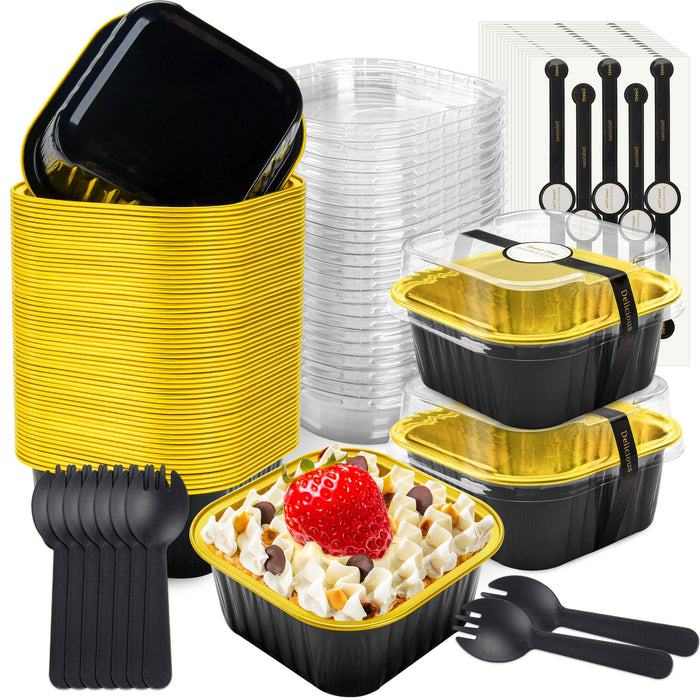 NPLUX 50 Pcs Mini Square Baking Cups with Lids and Spoons Aluminum Foil Mini Cake Pans with Lids Disposable Ramekins Cake Pans Dessert Cups for Wedding Birthday Party(Black Gold,5oz)
