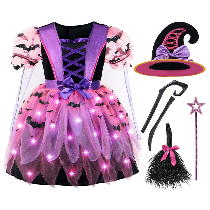 Spooktacular Creations Girls Light Up Witch Costume, Kids Witch Costume with Hat and Broom for Toddler Halloween Dress Up Parties (Toddler (3-4yr))