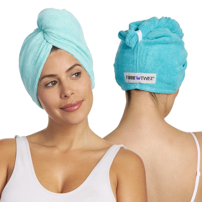 Turbie Twist Microfiber Hair Towel Wrap - for Women, Men & Kids - Travel & Bathroom Essential - Quick Dry Hair Turban for Curly, Long & Thick Hair - 2 Pack (Dark Aqua, Light Aqua)