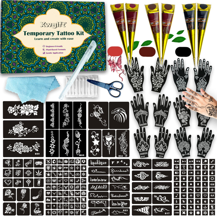 XWGLFT 191 Pcs Temporary Tattoo Stencils Kit, 6 Cones (2Black,2Brown,2Red)