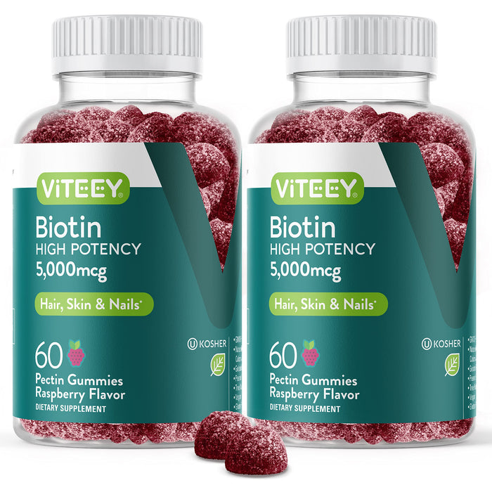 Biotin Gummies for Hair, Skin, and Nails 5,000mcg - Hair Growth Gummies, Healthy Skin Glow, Strong Healthy Nail Growth - Vegan, Gluten Free, Gelatin Free, GMO Free - Tasty Chewable Raspberry Flavor