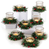 Glasseam Tealight Candle Holder with Candle Rings Wreaths: Ribbed Votive Candle Holders Set of 8, Mini Glass Candle Holder with Halloween Wreath, Christmas Candle Holder for Table Advent Centerpiece