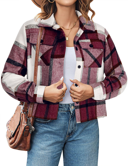 Zeagoo Flannels for Women Cropped Shacket Jacket Plaid Button Long Sleeve Shirt 2024 Fall Halloween Outfits