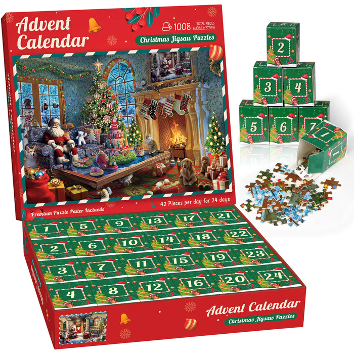 Advent Calendar 2024 Jigsaw Puzzle - Santa's Secret House, 24 Boxes 1008 Pieces Christmas Advent Calendar Gifts Puzzles for Kids Adults, Christmas Decorations Countdown Calendar (27.56 x 19.68 Inch)