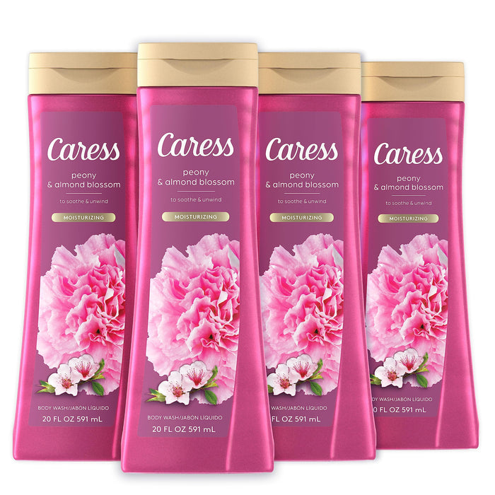 Caress Body Wash for Women, Peony & Almond Blossom, Shower Gel Moisturizing Body Wash for Fresh, Smooth Skin To Soothe and Unwind, 20 fl oz, (Pack of 4)