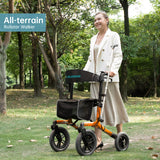 ELENKER All-Terrain Rollator Walker with Non-Pneumatic Tire 12” Front Rubber Wheels, Compact Folding Design for Seniors (Orange)