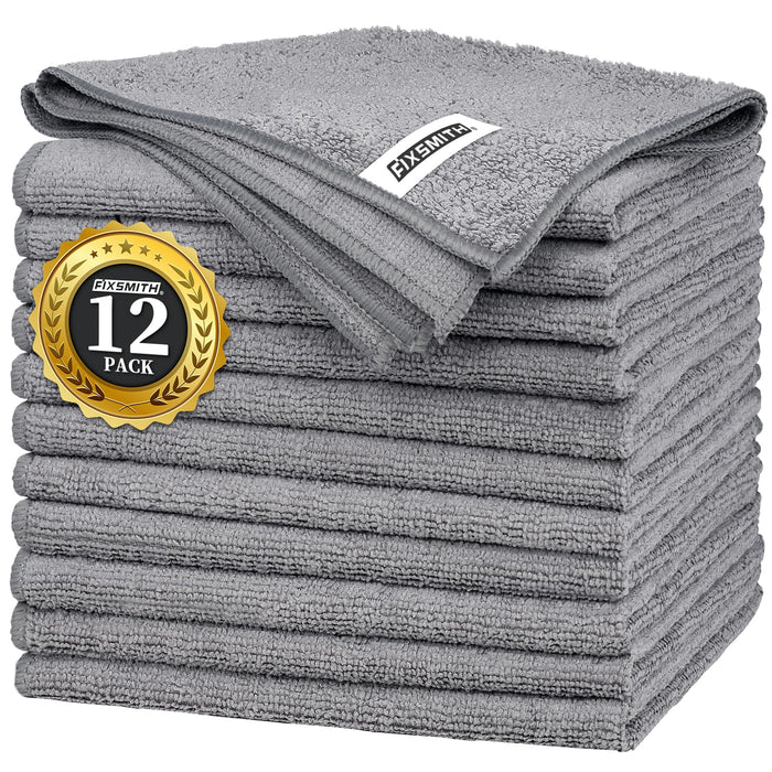 FIXSMITH Grey Microfiber Cleaning Cloth -Pack of 12, Highly Absorbent Cleaning Rags, 16"X12" All Purpose Cleaning Towels for Housekeeping, Kitchen, Car, Lint Free and Reusable Microfiber Towels