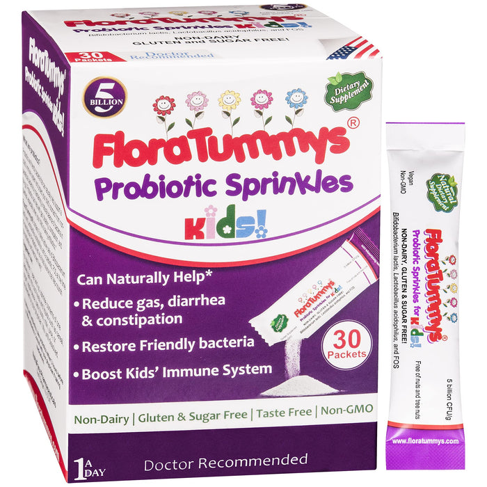 FloraTummys Probiotics for Kids: 30 Taste-Free Powder Packets, Free of Food Allergens, Non-Dairy, Gluten Free, Sugar Free, Non-GMO, Vegan