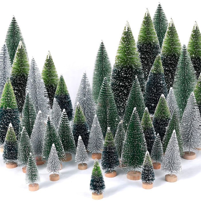 30Pcs Mini Christmas Trees Artificial Christmas Tree Bottle Brush Trees with Wooden Base for Christmas Decor Christmas Party Home Table Craft Decorations(Dark Green+Silver)
