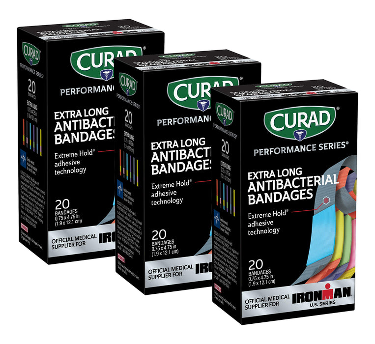 CURAD Performance Series IRONMAN Antibacterial Bandages, Extreme Hold Adhesive Technology, Extra Long Flexible Fabric Bandages for Cuts, Scrapes, & Burns, Assorted Colors, 0.75 x 4.75 inches, 20 Count