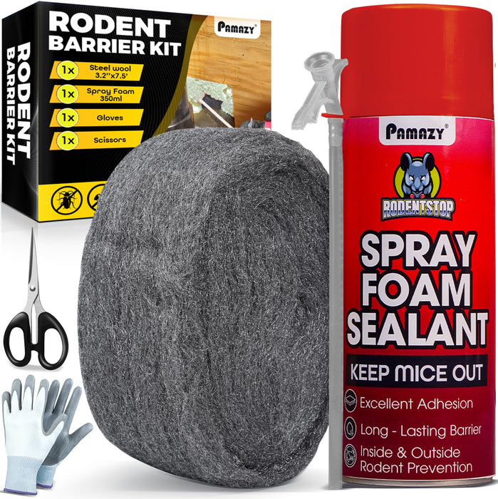 [Upgraded] Rodent Barrier Kit, Steel Wool Included PU Spray Foam Hole Filler for Mice Control 3.2"x7.5’ Rodent Control Fill Fabric, Gloves, Scissors,Gap Blocker in Hole Pipeline Vent in House, Garage