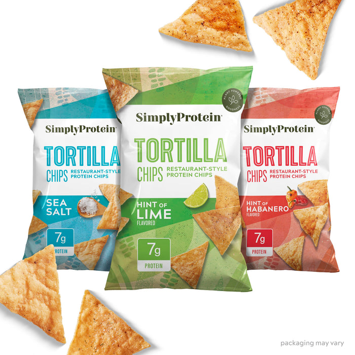 Simply Protein - Tortilla Chips, Restaurant Style Protein Chips, Variety Pack (3-Pack) - Sea Salt, Hint of Lime, Hint of Habanero - 7g Protein, 140 Calories, Gluten Free, Vegan - 3 Bags, 4.58oz (130g)