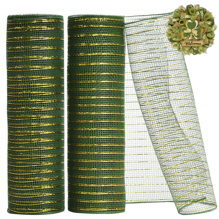 TONIFUL 2 Rolls 10 Inch Sage Green Decorative Mesh Ribbbon Rolls, Fabric Mesh with Foil for Mesh Wreath Supplies, Front Door Wreath Tree Decor Christmas NewYears Halloween Decoration (10 yds/roll)