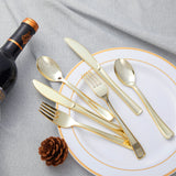 N9R 125PCS White Plastic Plates with Gold Rim & Disposable Gold Plastic Silverware Set, Include 25 Dinner Plates, Dessert Plates, Gold Forks, Knives and Spoons, Sturdy Enough for Wedding Party