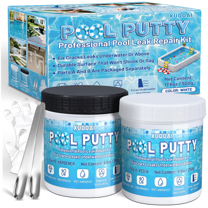 Pool Putty, 17.6oz/500g 2 Part Epoxy Pool Putty for Underwater or Above-Water Crack Leak Filling and Repair, Sealing and Repair of Holes and Damage in Fiberglass, Concrete and Tile Surfaces (White)