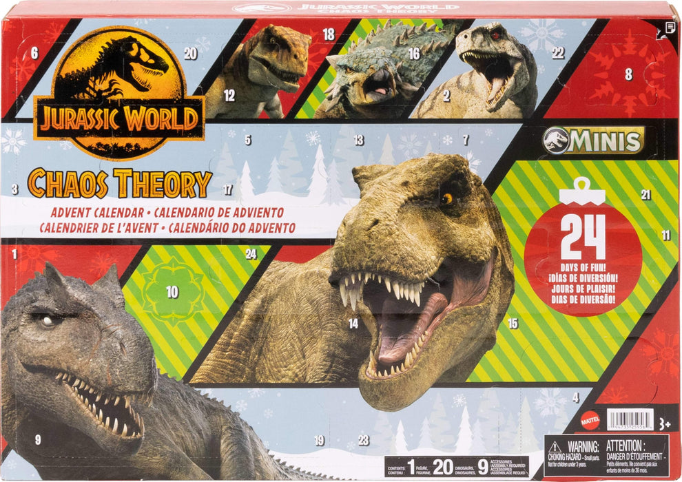 Mattel Jurassic World: Chaos Theory Advent Calendar with 24 Days, 30 Dinosaur-Related Toy Surprises, 20 Mini Dinos, 1 Human, 9 Fence Pieces