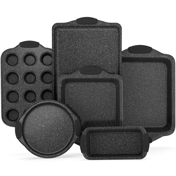BAKKENMaster 6-Piece Nonstick Gray Marble Coated Bakeware Set - Professional Quality Carbon Steel Pans with Silicone Handles - Ideal for Oven, Refrigerator, Freezer - Dishwasher Safe