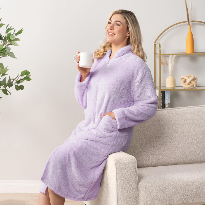 PAVILIA Womens Housecoat Zip Robe, Sherpa Zip Up Front Robe Bathrobe, Fuzzy Warm Zipper House Coat Lounger for Women Elderly with Pockets, Fluffy Fleece Long Plus Size, Lavender Purple (2X/3X)