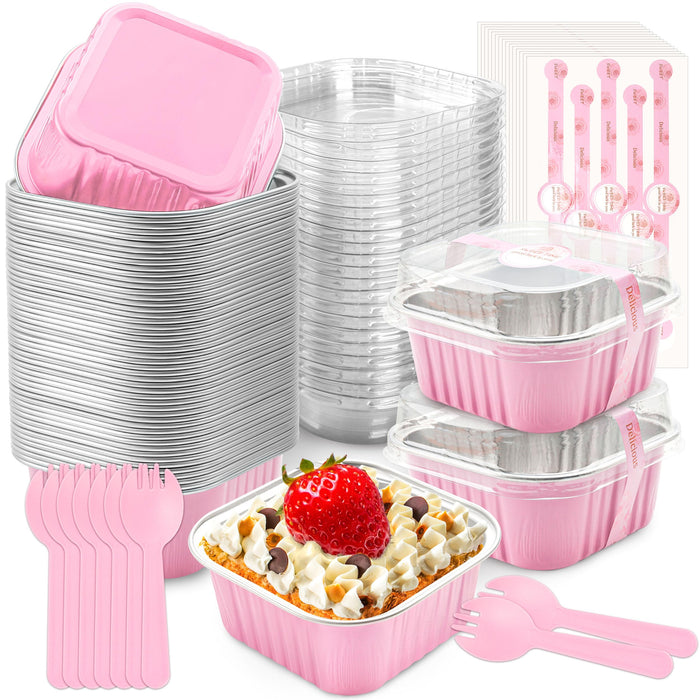 NPLUX 50 Pcs Mini Cake Pans with Lids and Spoons Aluminum Foil Mini Square Baking Cups with Lids Disposable Ramekins Cake Pans Dessert Cups for Wedding Birthday Party(Pink,5oz)