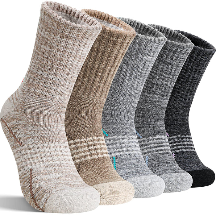 Sandsuced Merino Wool Hiking Socks Thermal Warm Winter Cozy Outdoor Crew Socks 5 Pairs Gift Stocking Stuffers for Women Men(Black/Khaki/Gray,M)
