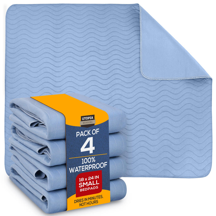 Utopia Bedding Waterproof Incontinence Bed Pads 18 x 24 Inches (Pack of 4, Blue), Washable and Reusable Underpads for Adults, Elderly and Pets, Absorbent Protective Pads