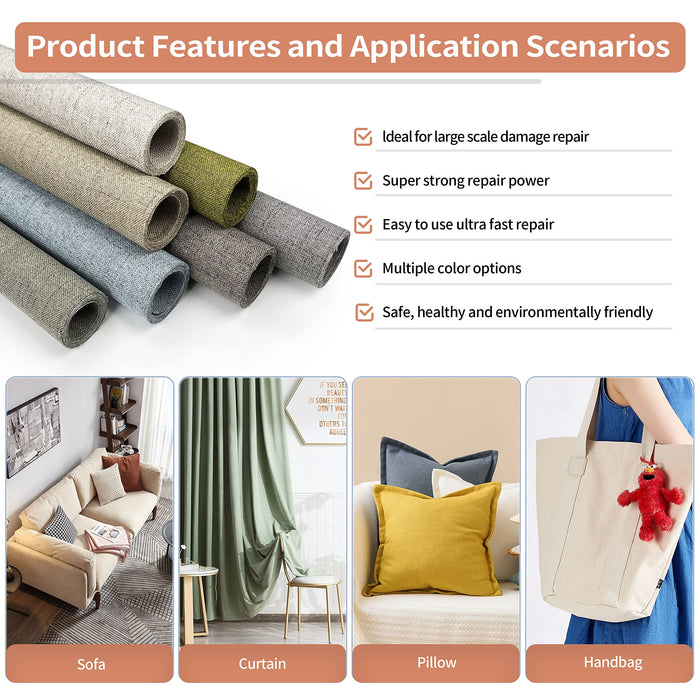 KING MOUNTAIN Fine Linen Repair Patches, Self-Adhesive Linen Fabric Patches, 12X40 inch Extra Size, Multi Color, Can be Used for Linen Sofa Repair(12" x 40",Cream-Gray)