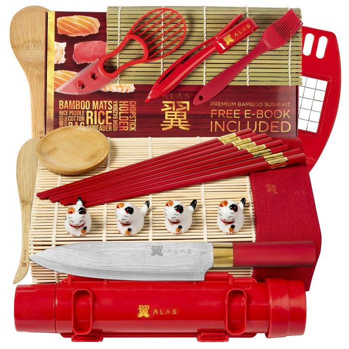 Alas Christmas Gifts Sushi Making Kit- Complete Sushi Making Kit for Beginners & Pros Sushi Makers, Perfect Sushi Making Kitchen Accessories Like Sushi Knife, 2 Sushi Mats, Rice Bazooka & More (Red)