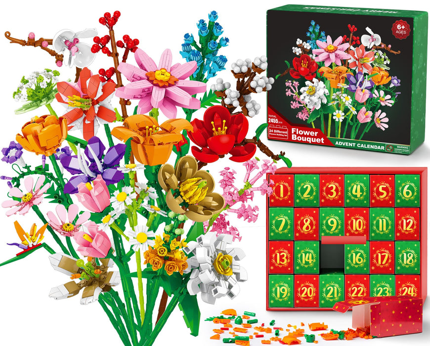 Advent Calendar 2024 for Kids Adults Teens, 24 Days STEM Flower Bouquet Building Blocks Christmas Countdown Calendar Gifts Box with Artificial Flowers Bricks Toy Set for Boys Girls Women Men Age 6+