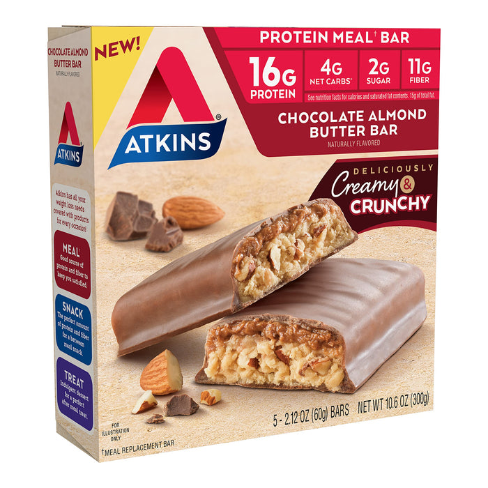 Atkins Chocolate Almond Butter Protein Meal Bar, Keto Friendly, 5 Count