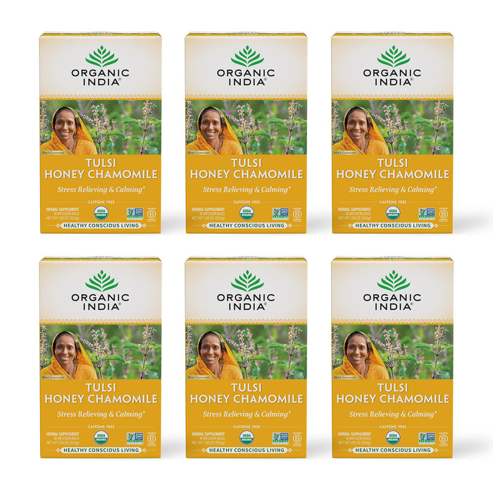 Organic India Tulsi Honey Chamomile Herbal Tea - Holy Basil, Stress Relieving & Calming, Immune Support, Adaptogen, Vegan, USDA Certified Organic, Caffeine-Free - 18 Infusion Bags, 6 Pack