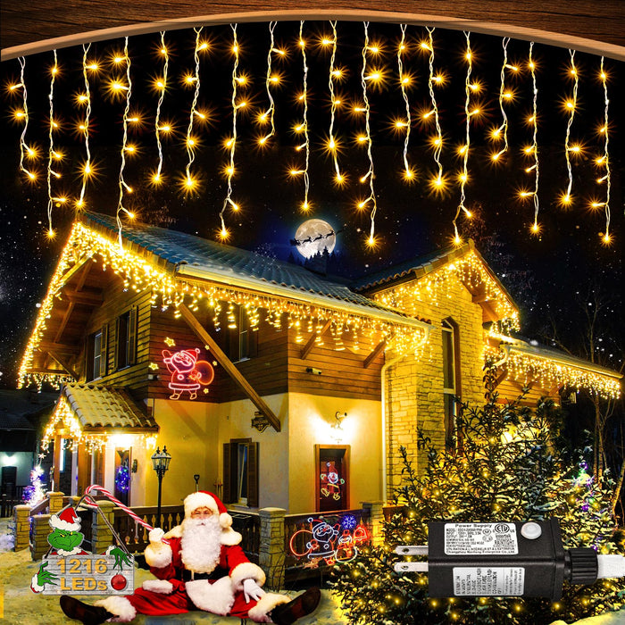 Christmas Icicle Lights Outdoor - 99ft 1216 LED 8 Modes Hanging Dripping Icicle String Lights with 228 Drops, Plug in Waterproof Timer Memory for Home Holiday Yard Wedding Party Indoor, Warm White