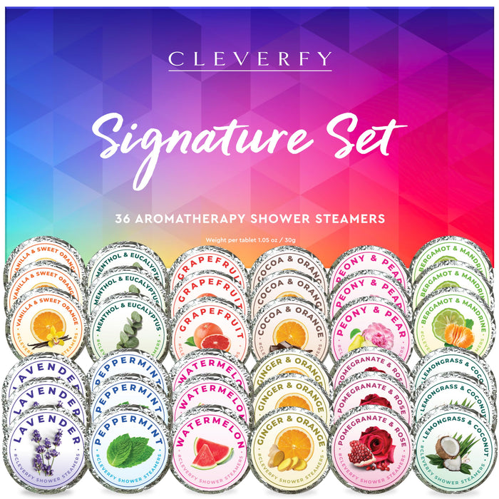 Cleverfy Shower Steamers Aromatherapy - 36 Pack of Shower Bombs with Essential Oils. Self Care Christmas Gifts for Women and Stocking Stuffers for Adults and Teens. Signature Set