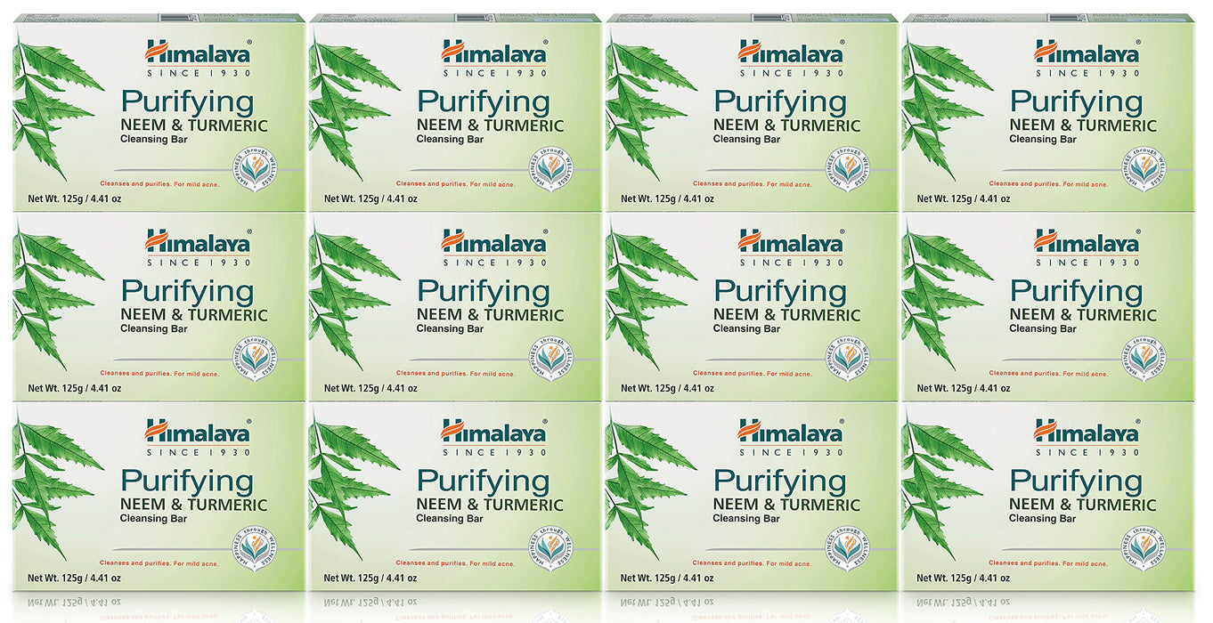 Himalaya Purifying Neem & Turmeric Cleansing Bar, Face and Body Soap for Soft and Clear Skin, 4.41 oz, 12 Pack