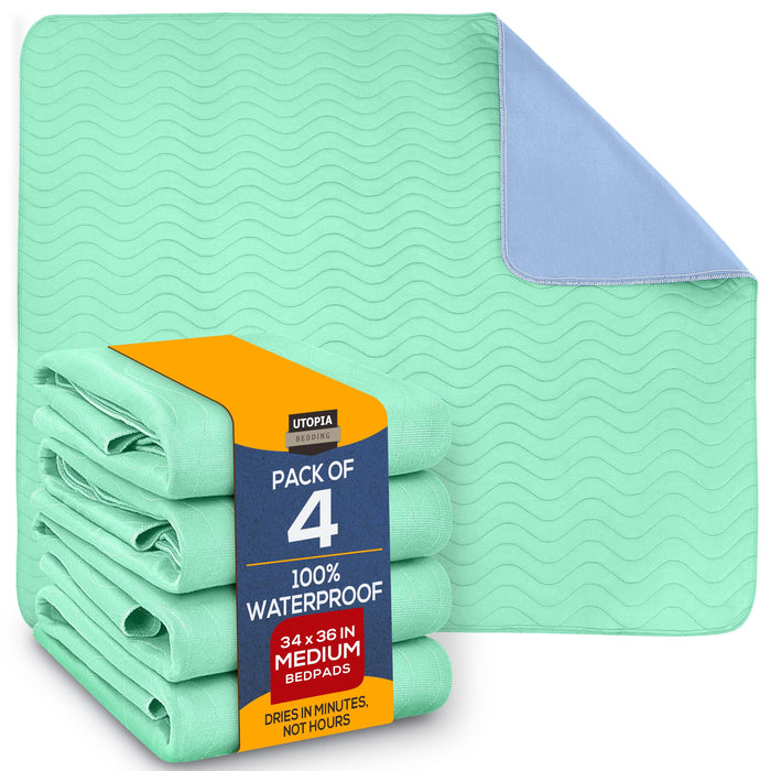 Utopia Bedding Waterproof Incontinence Bed Pads 34 x 36 Inches (Pack of 4, Green/Blue), Washable and Reusable Underpads for Adults, Elderly and Pets, Absorbent Protective Pads