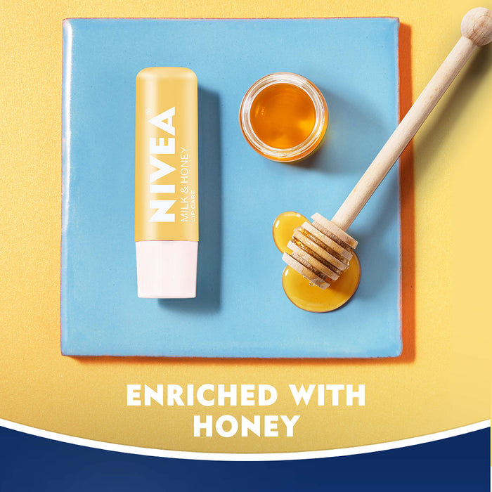 NIVEA Milk and Honey Lip Care, Moisturizing Lip Balm Stick with Shea Butter, 4 Pack of 0.17 Oz Sticks