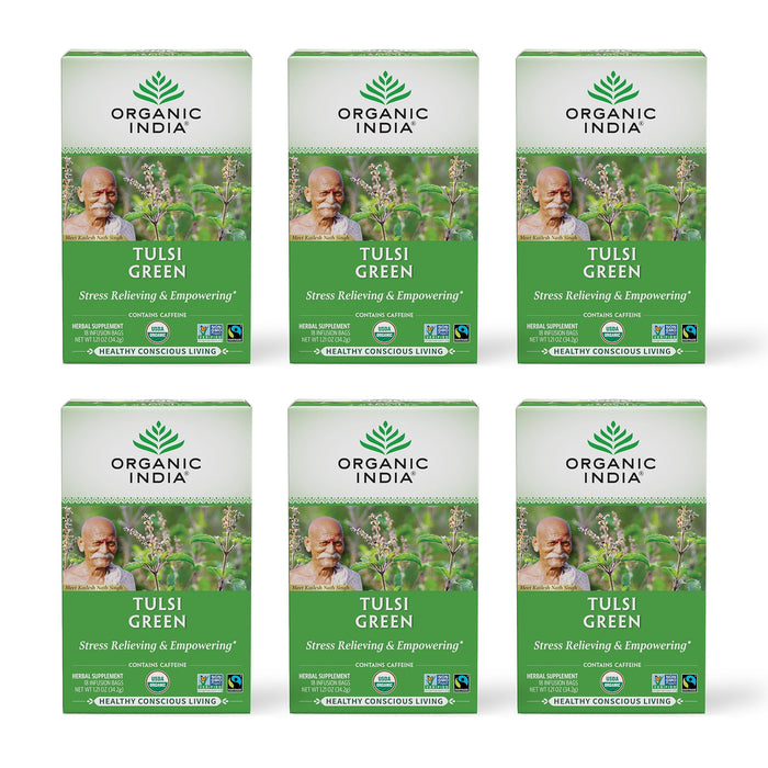 Organic India Tulsi Green Herbal Tea - Holy Basil, Stress Relieving & Empowering, Immune Support, Vegan, USDA Certified Organic, Premium Darjeeling Green Tea, Caffeinated - 18 Infusion Bags, 6 Pack