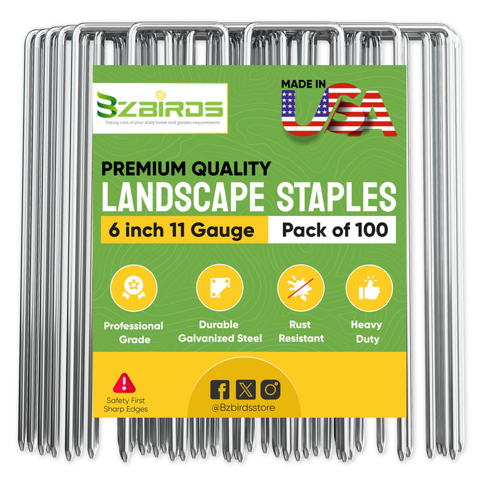 BzBirds USA Made 100 Pack Landscape Staples 6 inch 11 Gauge Garden Stakes Galvanized Landscape Fabric Pins | Metal Stakes for Ground Cover Holding Fence Christmas Decorations Irrigation Tubing