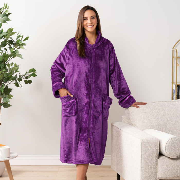 PAVILIA Womens Housecoat Zip Robe, Fleece Zip Up Front Robe Bathrobe, Plush Warm Zipper House Coat Lounger for Women Ladies Elderly with Satin Trim, Pockets, Long Plus Size - Purple (2x/3x)