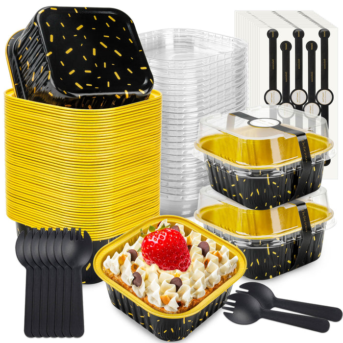 NPLUX 50 Pack Mini Cake Pans with Lids and Spoons Aluminum Foil Pans Square Cake Tins for Bakery Party Wedding (Black Gold Spot,5 oz)