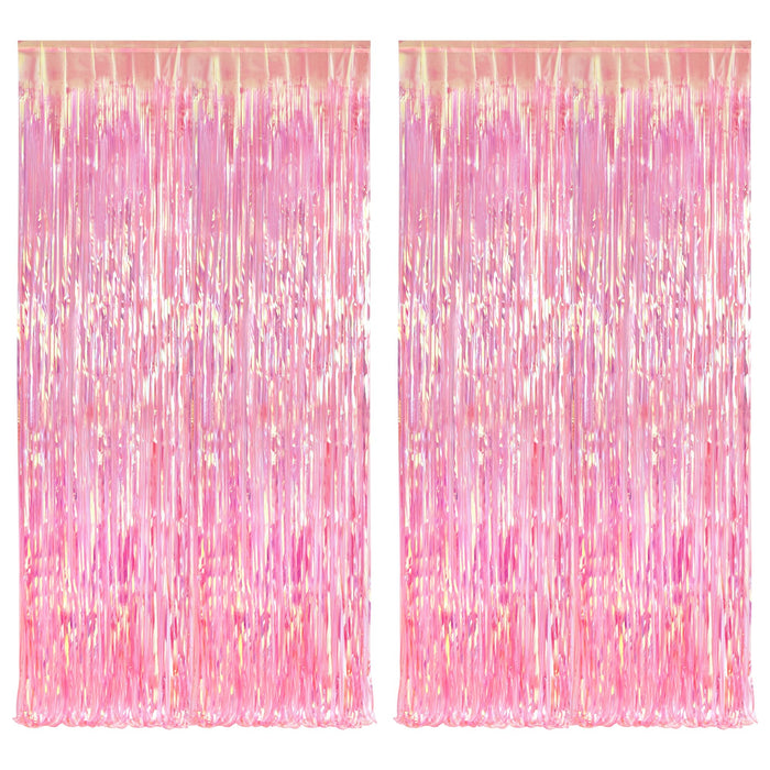 BRAVESHINE Clear Pink Party Decoration Iridescent Foil Fringe Backdrops - 2 Pack 3.2 x 6.5 ft Metallic Tinsel Photo Booth Pros Streamer Curtains for Birthdays Engagement Christmas Parties