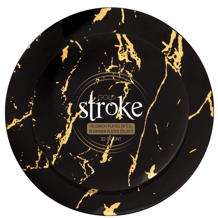 Plasticpro 64 Piece Combo Plates Set includes 32-7'' inch Plates & 32-10'' inch Dinner Plates Black Plastic With Gold Stroke Design Party Plate, Premium heavyweight Elegant, Disposable,